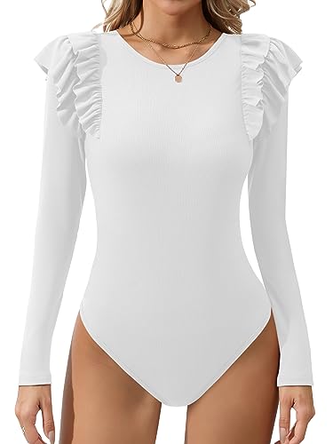 Missufe Stricktop Elegant Rüschen Langarm Body Damen Rundhals Oberteil (Weiß, Groß) von Missufe