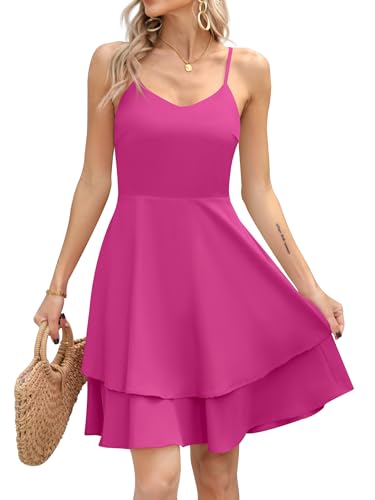 Missufe Swing Skater Sommer Freizeit Trägerkleid Damen V-Ausschnitt Spaghettiträger Double Layered Rüschen Ärmellos Kleider (Rosenrot, Mittel) von Missufe