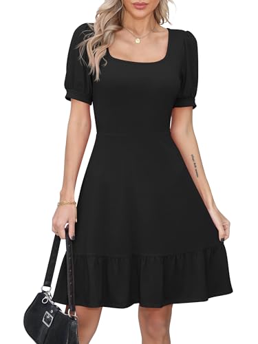 Missufe Swing Sommerkleid Freizeitkleider Kurzarm Rüschenkleid Damen A Linien Puffärmel Skaterkleid (Schwarz, X-Large) von Missufe