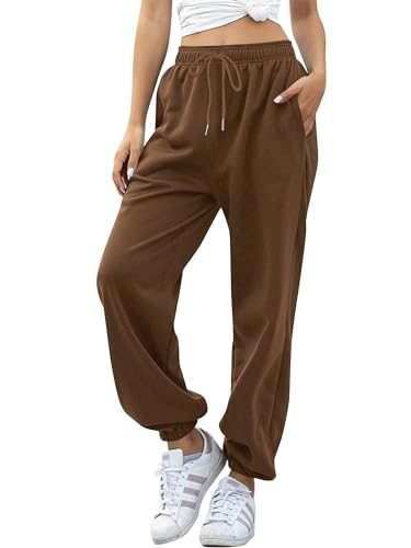 Missufe Trainingshose Lang Sweatpants Jogginghose Freizeithose Damen Cinch Bottom mit Taschen Hohe Taille Sporthose (Braun, klein) von Missufe