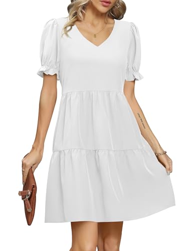 Missufe Tunika Rüschen A-Linien Lose Freizeitkleid Damen Puffärmel Kurzarm V-Ausschnitt Sommerkleid Swing Babydoll Kurz Kleider (Weiß, groß) von Missufe