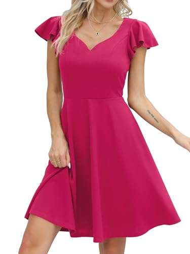 Missufe Vintage Kurz Herzausschnitt Minikleid Damen Cocktailkleid Elegant A-Linie Kleider (Heißes Rosa, groß) von Missufe