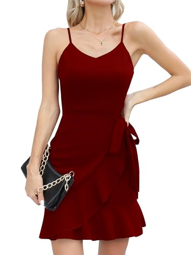 Missufe Wickelkleid Bodycon Elegant Spaghettiträger Partykleid Damen Cocktailkleid Minikleid Trägerkleid V Ausschnitt Kurzes Rüschenkleid (Weinrot, Mittel) von Missufe