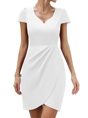 Missufe Wickelkleid Cocktailkleid Hochzeitsgast Elegant Sommerkleid Damen Partykleid Minikleid Bodycon Figurbetontes Enges Kleider (Weiß, S) von Missufe