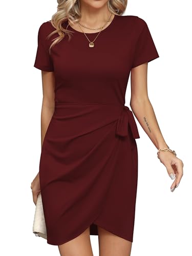 Missufe Wickelkleid Sommerkleid Minikleid Kurzarm Freizeitkleid Damen T Shirt Enges Bodycon Gerafftes Krawattenkleid (Burgund, mittel) von Missufe