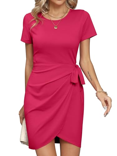 Missufe Wickelkleid Sommerkleid Minikleid Kurzarm Freizeitkleid Damen T Shirt Enges Bodycon Gerafftes Krawattenkleid (Rosenrot, mittel) von Missufe