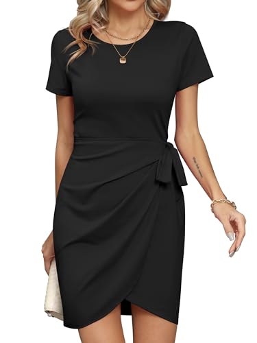 Missufe Wickelkleid Sommerkleid Minikleid Kurzarm Freizeitkleid Damen T Shirt Enges Bodycon Gerafftes Krawattenkleid (schwarz, XX-Large) von Missufe