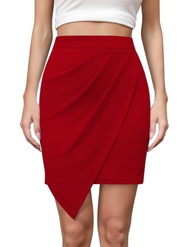 Missufe Wickelrock Minirock Röcke Irregulär Sommerrock Damen Bleistiftrock Hohe Taille Geraffter Skirt (rot, mittel) von Missufe