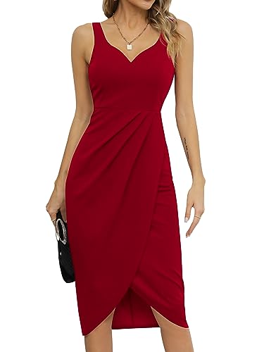 Missufeintl Cocktailkleid Elegant Wickelkleid Midikleid Sommerkleid Damen Partykleid Bodycon Vintage Kleider (Rot, X-Groß) von Missufeintl