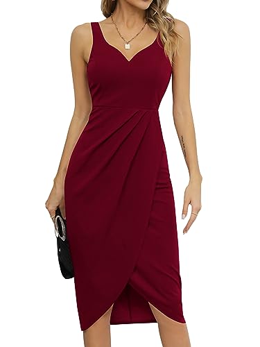 Missufeintl Sommerkleid Cocktailkleid Bodycon Wickelkleid Midikleider Damen Elegant Partykleid Vintage Kleider (Burgund, Mittel) von Missufeintl