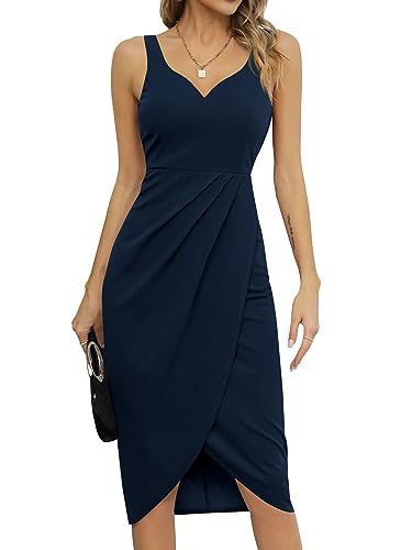 Missufeintl Sommerkleid Cocktailkleid Bodycon Wickelkleid Midikleider Damen Elegant Partykleid Vintage Kleider (Marineblau, groß) von Missufeintl