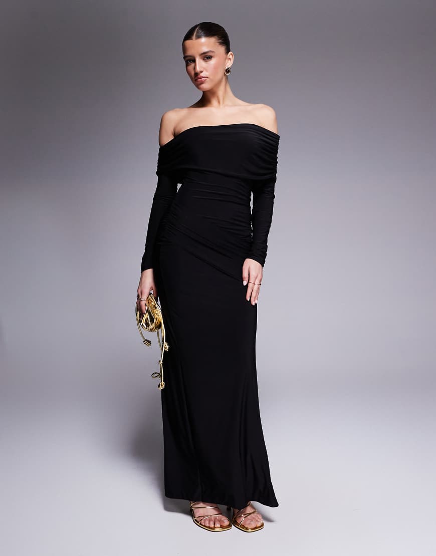 Missy Empire - Doppelt formendes, eng anliegendes Bodycon-Maxikleid in Schwarz mit asymmetrisch umgeschlagenem Ausschnitt Missy Empire - Doppelt formendes, eng anliegendes Bodycon-Maxikleid in Schwarz mit asymmetrisch umgeschlagenem Ausschnitt von Missyempire