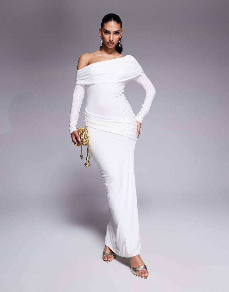 Missy Empire - Doppelt formendes, eng anliegendes Bodycon-Maxikleid in Weiß mit asymmetrisch umgeschlagenem Ausschnitt von Missyempire