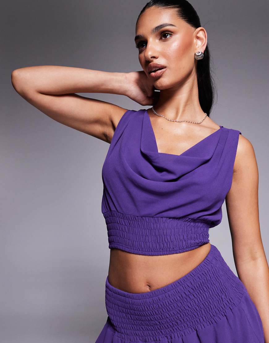 Missy Empire - Chiffon-Oberteil in Lila mit Wasserfallausschnitt und Raffung, Kombiteil von Missyempire