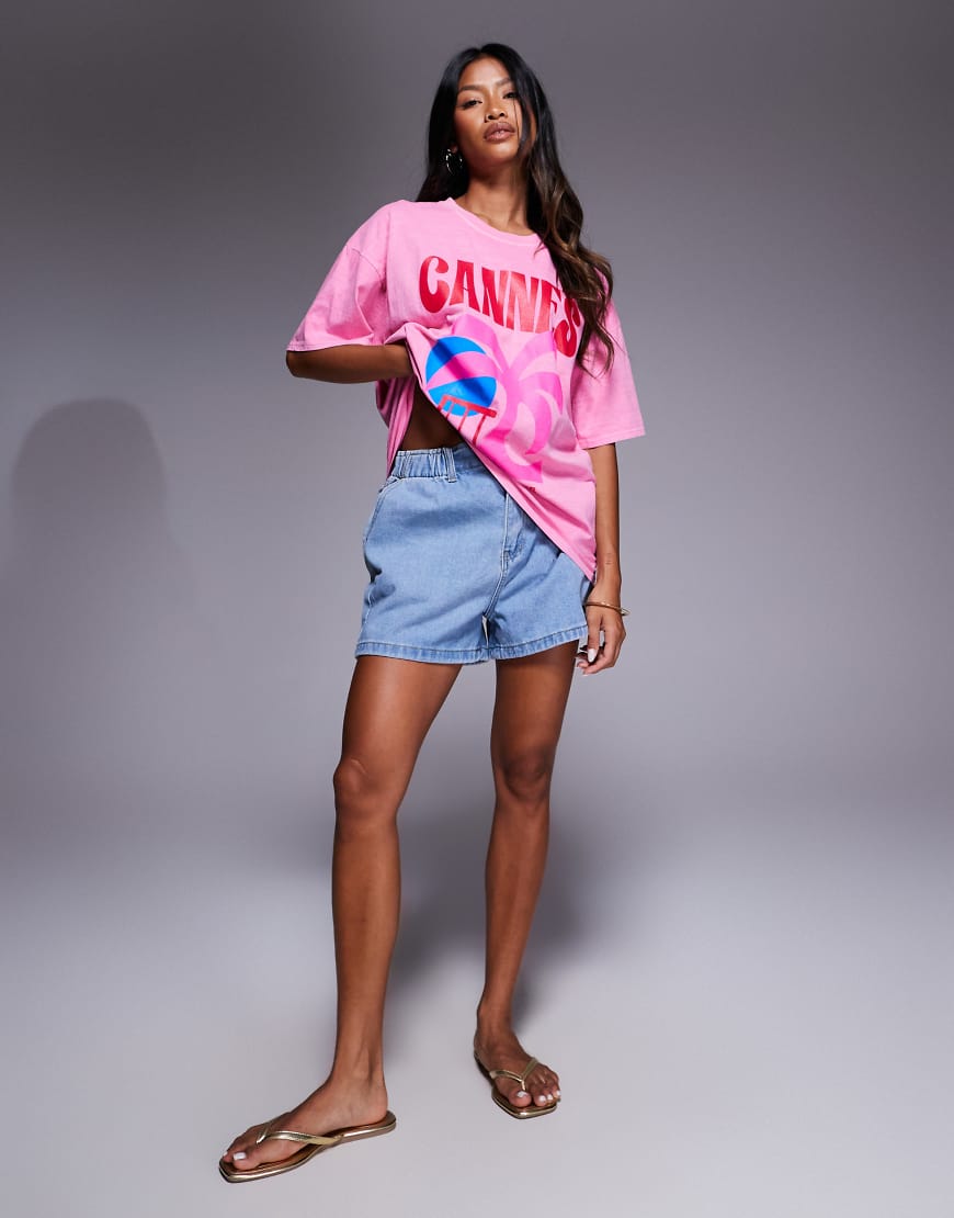 Missy Empire - Jeansshorts in Hellblau mit elastischem, hohem Paperbag-Bund von Missyempire