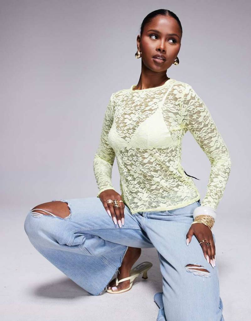 Missy Empire - Langärmliges Oberteil aus transparenter Blumenspitze in Gelb von Missyempire