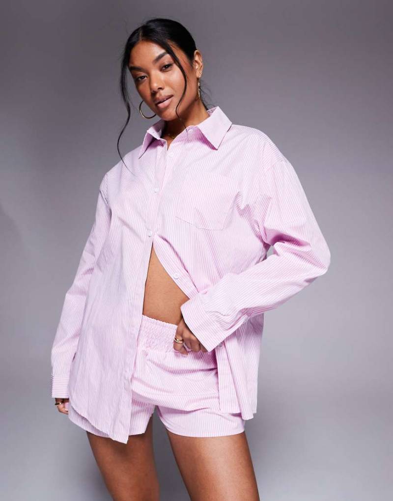 Missyempire - Gestreifte Oversize-Hemdbluse aus Popeline in Rosa und Weiß, Kombiteil von Missyempire