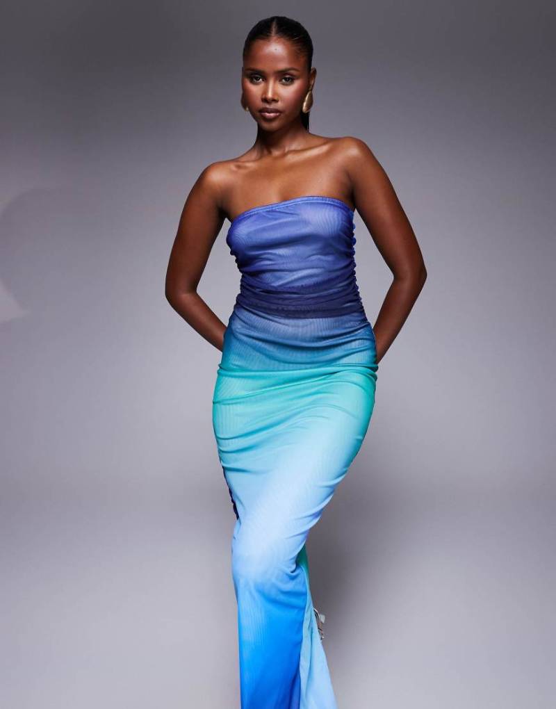 Missy Empire - Trägerloses Maxikleid aus Mesh in Blau-Ombré von Missyempire