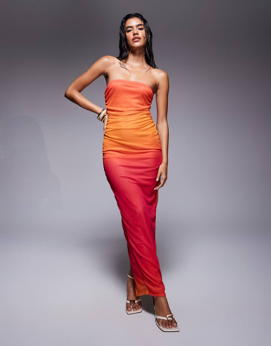 Missy Empire - Trägerloses Netzstoff-Maxikleid in Ombré-Orange mit geraffter Seite Missy Empire - Trägerloses Netzstoff-Maxikleid in Ombré-Orange mit geraffter Seite von Missyempire