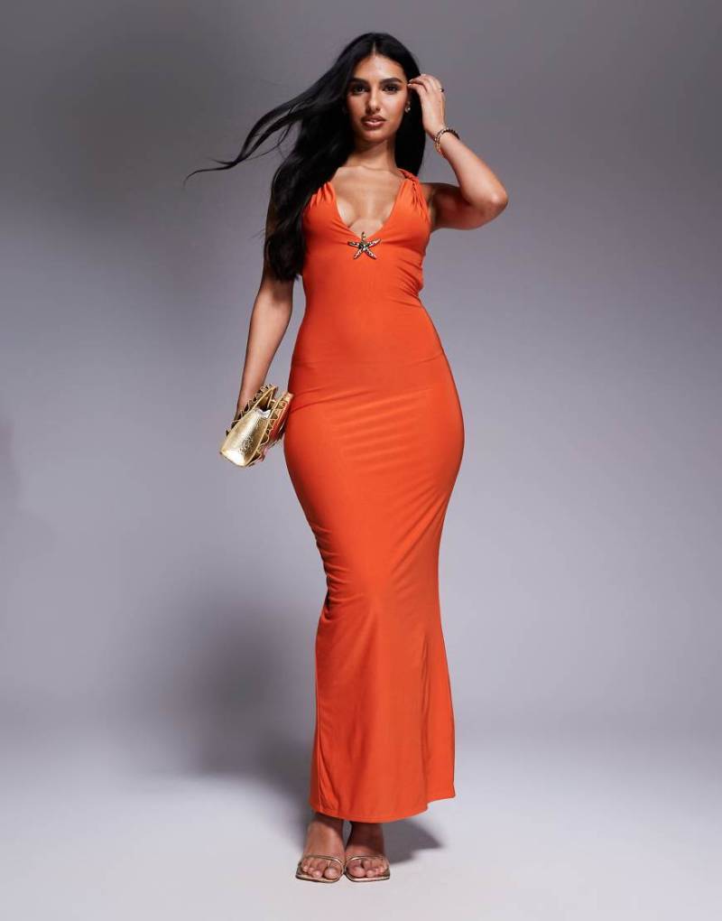 Missyempire - Doppellagiges figurbetontes Maxikleid in Orange mit tiefem Ausschnitt, überkreuztem Rückenteil und Seesterndetail aus Metall von Missyempire