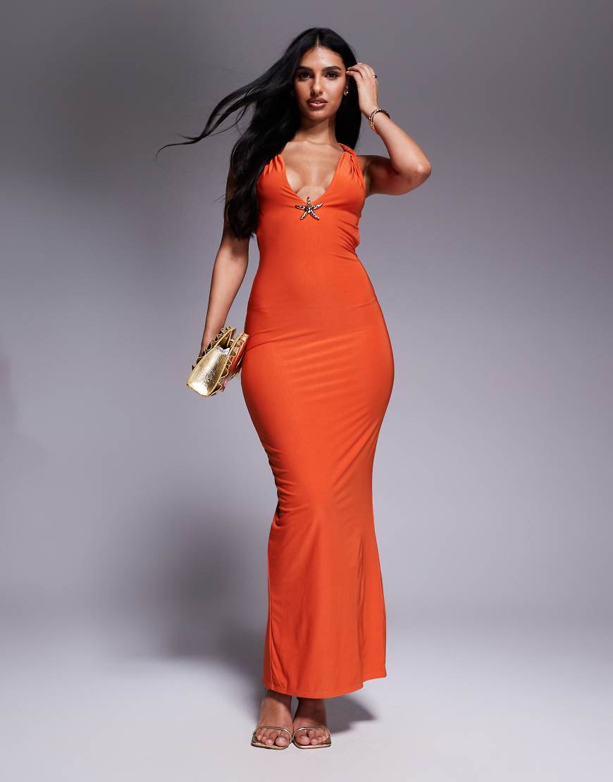 Missyempire - Doppellagiges figurbetontes Maxikleid in Orange mit tiefem Ausschnitt, überkreuztem Rückenteil und Seesterndetail aus Metall von Missyempire