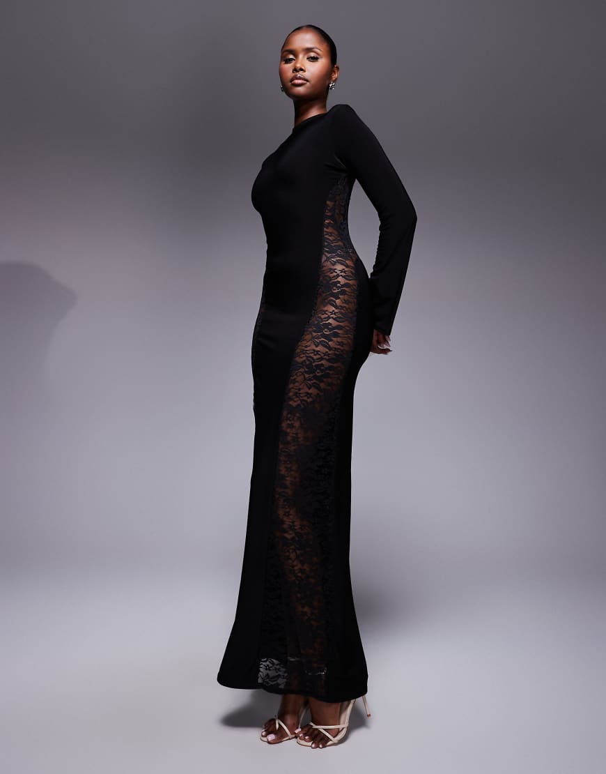 Missyempire - Figurbetontes, doppelt geformtes Maxikleid in Schwarz mit verdrehtem Detail, ausgestellten Ärmeln und Spitzeneinsatz Missyempire - Figurbetontes, doppelt geformtes Maxikleid in Schwarz mit verdrehtem Detail, ausgestellten Ärmeln und Spitzeneinsatz von Missyempire