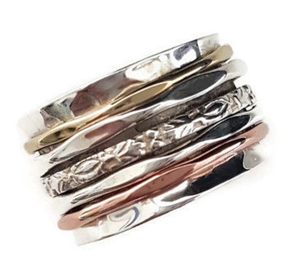 Multi Metal Unisex Spinner Ring, 925 Sterling Silber Messing Kupfer, 14 Mm Breit Daumen Fidget Stress Relief Mistry Gems, Sp49 von MistryGems