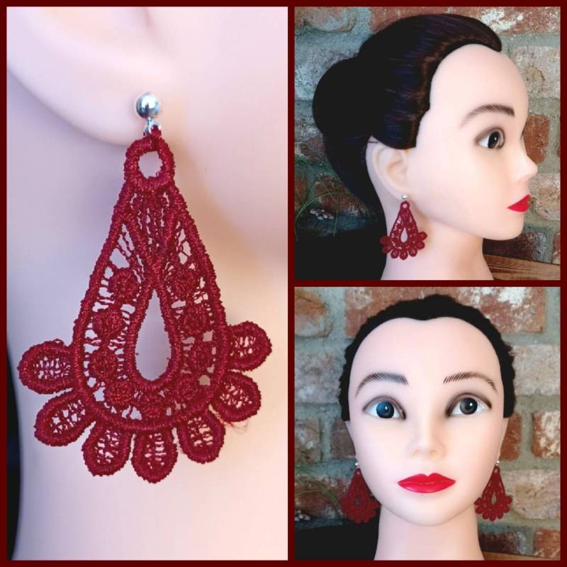 Gestickte Ohrringe, Free Standing Lace, Dunkelrot von MitHerzblutVonJana