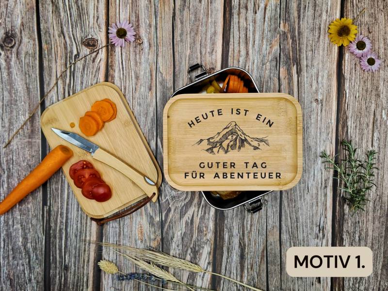 Abenteuer Bergmotiv Personalisierte Edelstahl Lunchbox Mit Bambusdeckel | Wandern Camping Personalisiertes Geschenk Papa Küche Brotbox von MitHerzenManufaktur