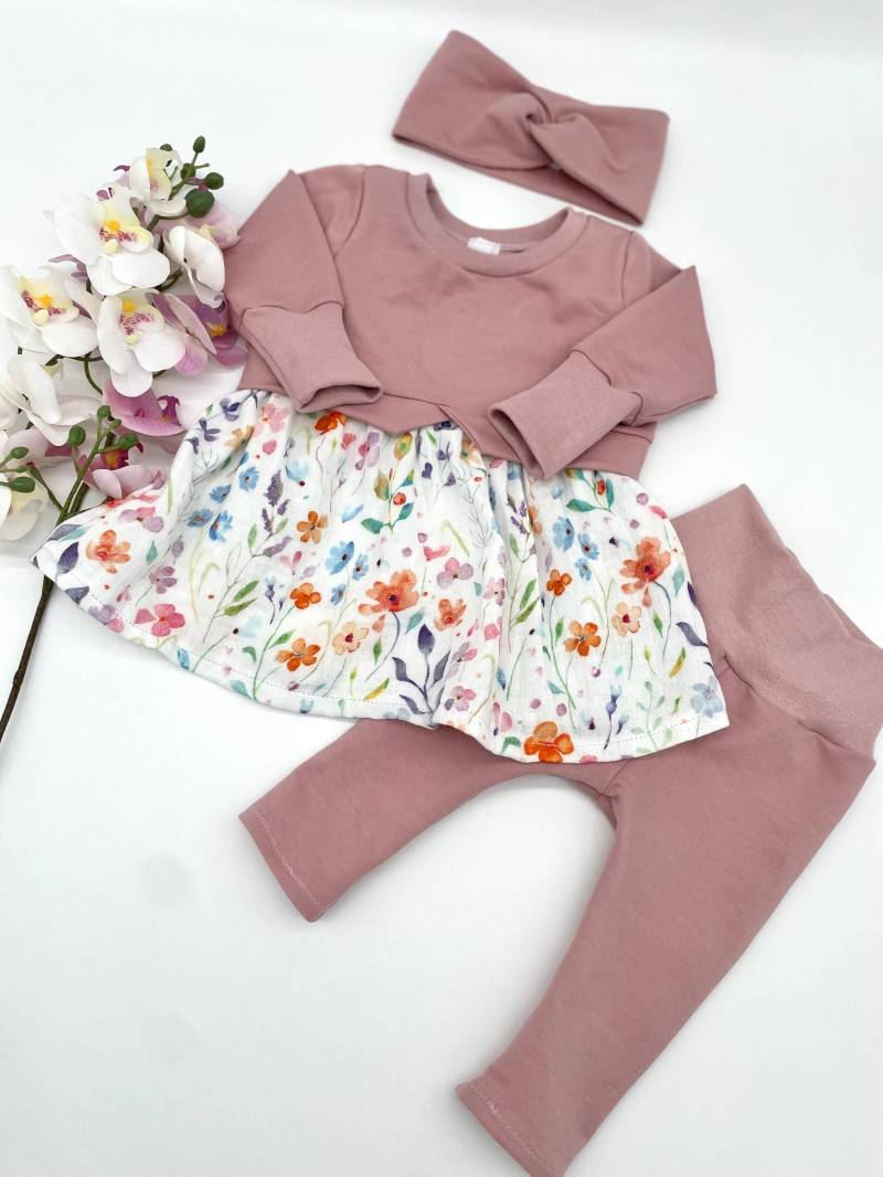 Babyset Mädchen Girlysweater Baby Girly Sweater Leggings Mit Haarband Blumen Pullover Kleid Hose Taufkleid Bandeau von MitLiebezumFaden