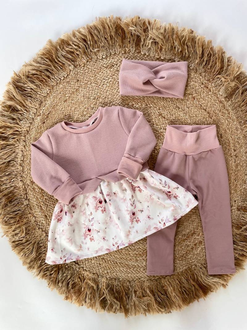 Babyset Mädchen Girlysweater Baby Girly Sweater Leggings Mit Haarband Blumen Pullover Kleid Hose Taufkleid von MitLiebezumFaden