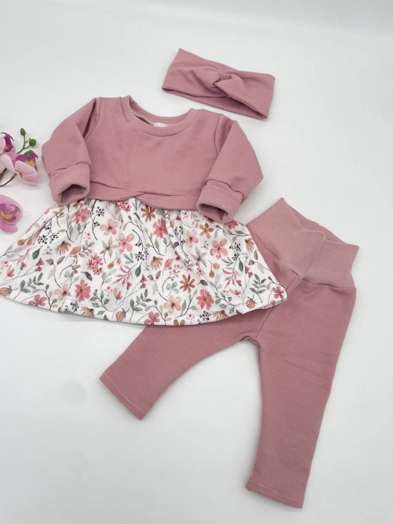 Babyset Mädchen Girlysweater Baby Girly Sweater Leggings Mit Haarband Blumen Pullover Kleid Hose Taufkleid von MitLiebezumFaden
