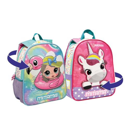 Mitama Rucksack Spinny Girl – Uniflamingo Rucksack mit doppelter Grafik – für Kindergarten, Kindergarten, Freizeit, Mädchen, Rosa, Taglia unica, Modern von Mitama