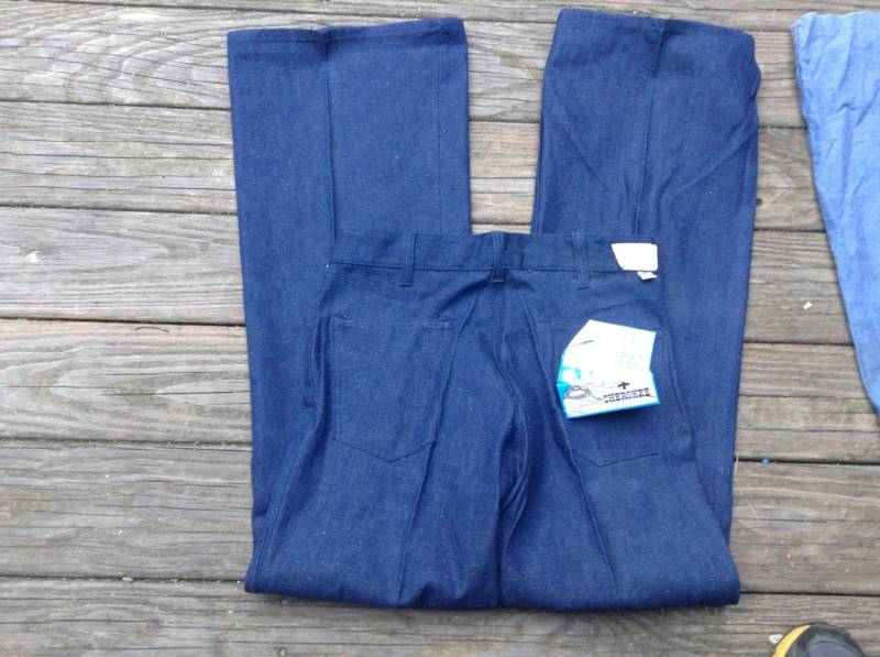 Patch Tasche Denim Ausgestellt Bellbottom Hose Deadstock Vintage 1970 Jeans Neue Pick 1 Gemacht Usa Snap Talon Reißverschluss Tragen T Shirt von MitchAmericanvintage