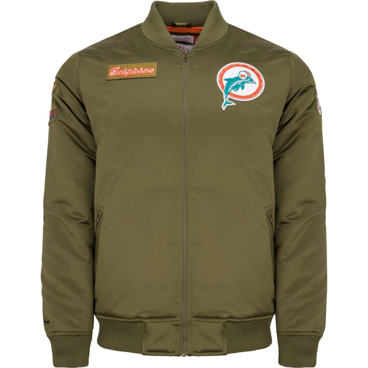 M&N Satin Bomber Jacke - PATCHES Miami Dolphins oliv von Mitchell & Ness