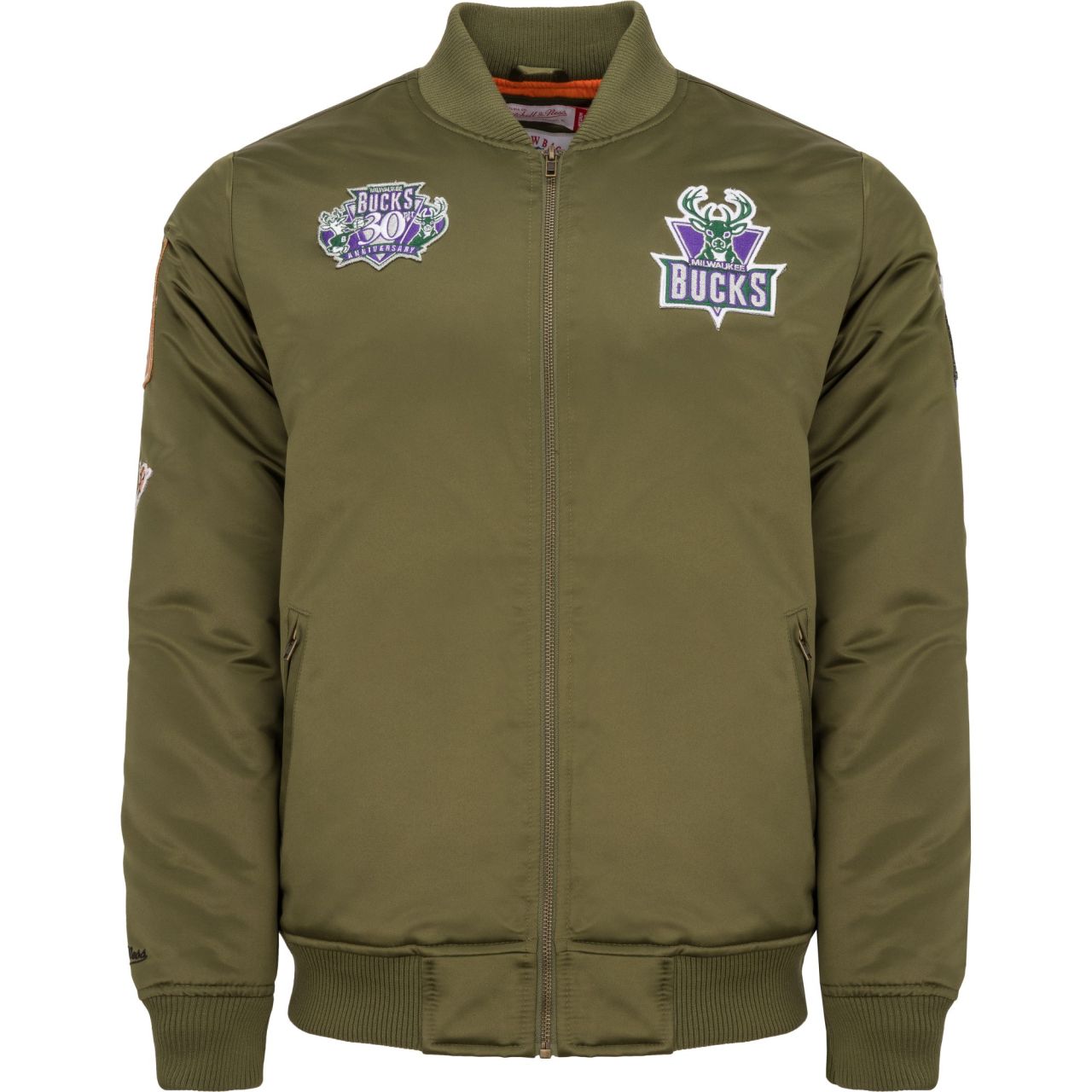 M&N Satin Bomber Jacke - PATCHES Milwaukee Bucks von Mitchell & Ness