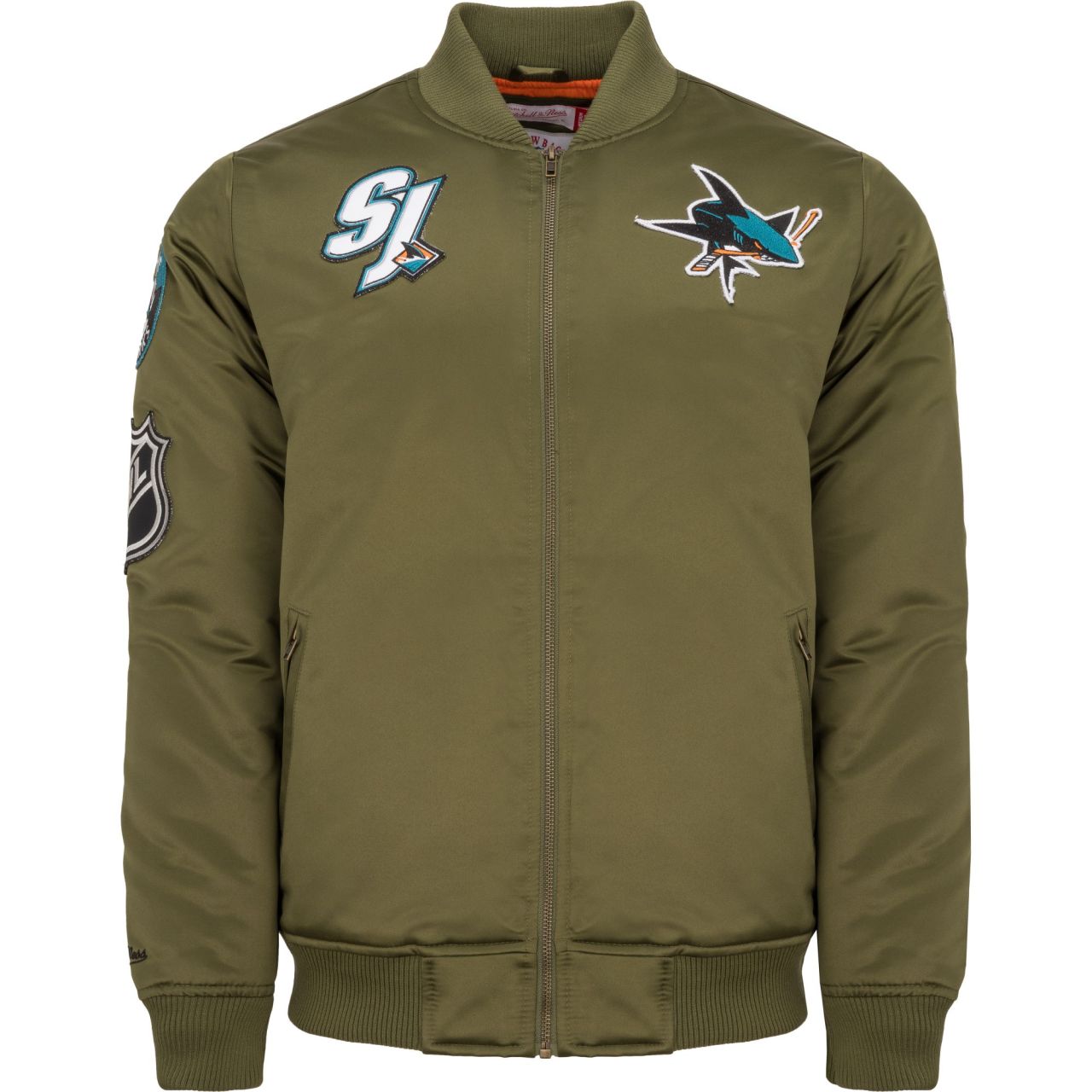 M&N Satin Bomber Jacke - PATCHES San Jose Sharks von Mitchell & Ness