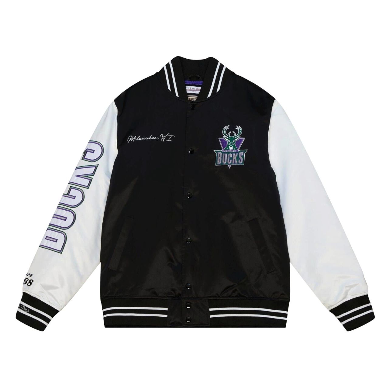 M&N Varsity Satin Jacke - NBA Milwaukee Bucks von Mitchell & Ness