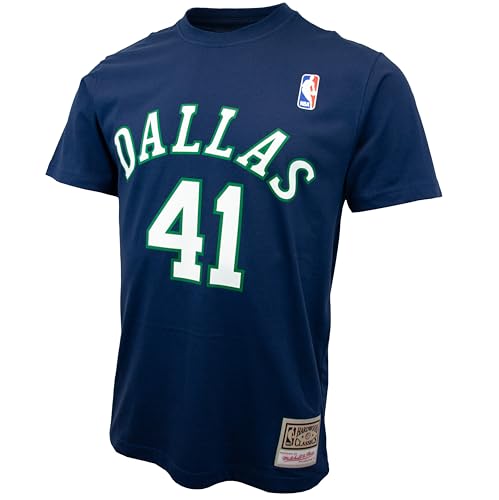 Mitchell & Ness NBA Name & Number T-Shirt - Dallas Mavericks, Dirk Nowitzki, Größe S, Dunkelblau, 100% Baumwolle, Herren, Frauen, Kinder, Unisex, Frühling, Sommer, Herbst, Winter von Mitchell & Ness