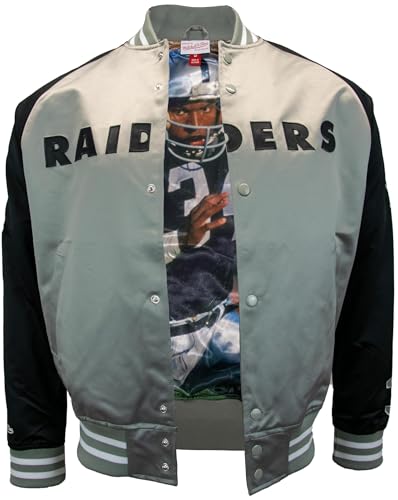 Mitchell & Ness Name & Number Lightweight Satin Jacket (NFL) - Oakland Raiders - B. Jackson, Grau-Schwarz, Größe L von Mitchell & Ness