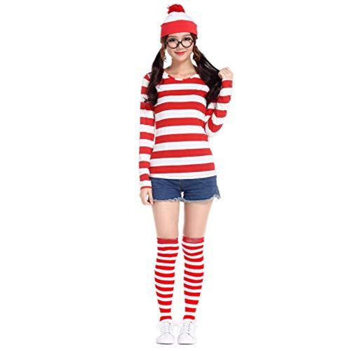 Mitef Weihnachtskostüm, Where's Waldo Lustiges Gestreiftes Sweatshirt mit Brille und Hut für Erwachsene Frauen, M von Mitef