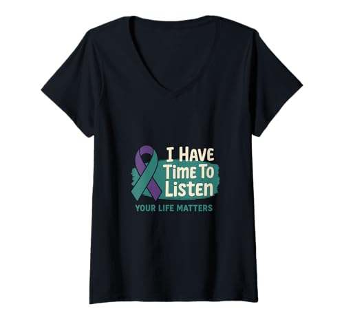 Damen I Have Time to Listen Teal Purple Ribbon Dein Leben Zählt T-Shirt mit V-Ausschnitt Damen I Have Time to Listen Teal Purple Ribbon Dein Leben Zählt T-Shirt mit V-Ausschnitt von Mitgefühl Hoffnung Deine Stimme Zählt Awareness