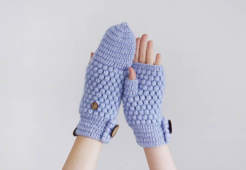 Gehäkelte Wolle Handschuhe Für Frauen | Wandelbare Dicke Wollhandschuhe Hellblaue Strukturierte Fingerlose von Mitreva