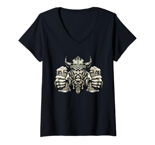 Damen Wikinger mit Bierkrug Trinkspaß Nordmann Grafik T-Shirt mit V-Ausschnitt Damen Wikinger mit Bierkrug Trinkspaß Nordmann Grafik T-Shirt mit V-Ausschnitt von Mittelalter Party Humor mit Wikingerkrieger