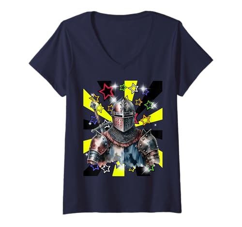 Damen Retro 60er Ritter Vintage Mittelalter Ritterrüstung Märchen T-Shirt mit V-Ausschnitt von Mittelalter Schloss Natur Geister Garten