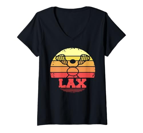 Damen Retro Sonnenuntergang Vintage Spieler Look T-Shirt mit V-Ausschnitt Damen Retro Sonnenuntergang Vintage Spieler Look T-Shirt mit V-Ausschnitt von Mittelfeld Lacrosse Fan Retro Stil