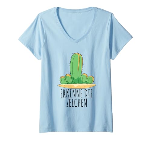 Damen Mittelfinger Kaktus Zubehör Erkenne Die Zeichen Stinkefinger T-Shirt mit V-Ausschnitt von Mittelfinger Gadget und Kaktus Zubehör
