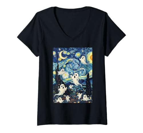Damen Sternennacht Geister | Lustiges Halloween Spuk Motiv T-Shirt mit V-Ausschnitt Damen Sternennacht Geister | Lustiges Halloween Spuk Motiv T-Shirt mit V-Ausschnitt von Mitternacht Geister