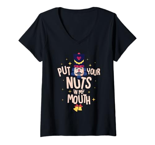 Damen Legen Sie Ihre Nüsse in Meinen Mund T-Shirt mit V-Ausschnitt Damen Legen Sie Ihre Nüsse in Meinen Mund T-Shirt mit V-Ausschnitt von Mitternachtflug