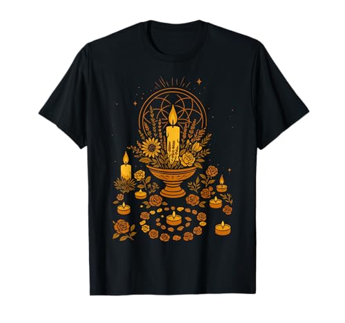 Mittsommer Altar Litha Ritual mit Kerzen Blumen und Kräutern T-Shirt von Mittsommer Outfits by Christine Krahl